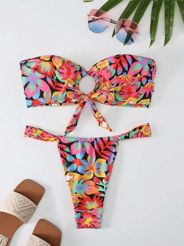 Swimwear- Florals Wireless Bandeau in Cheeky 2 Piece Bikini Swimwear- - IndioGear Fashion and Gear