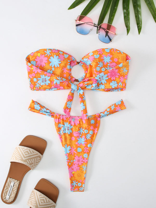 Swimwear- Florals Wireless Bandeau in Cheeky 2 Piece Bikini Swimwear- - IndioGear Fashion and Gear