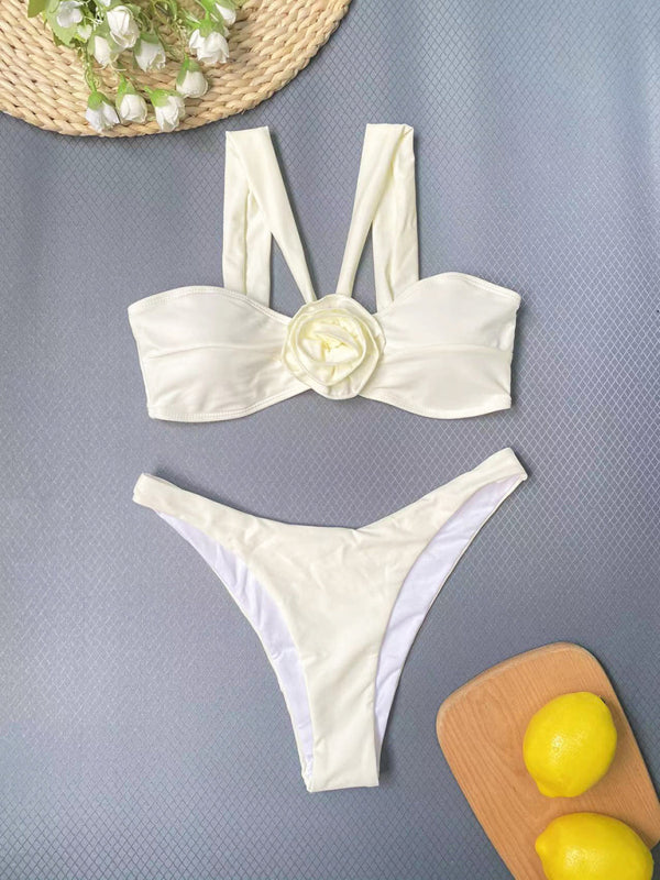 Swimwear- Flowers Appliqué 3-Piece Swimwear Set with Wireless Halter Bra, Bikini Thong, and Ruched Mini Skirt- - IndioGear Clothing and Gear