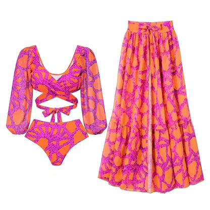 Swimwear- Fuchsia Ruffle 3-Piece Swimwear - Lantern Sleeve Top & Skirt & Bottom- - IndioGear Fashion and Gear