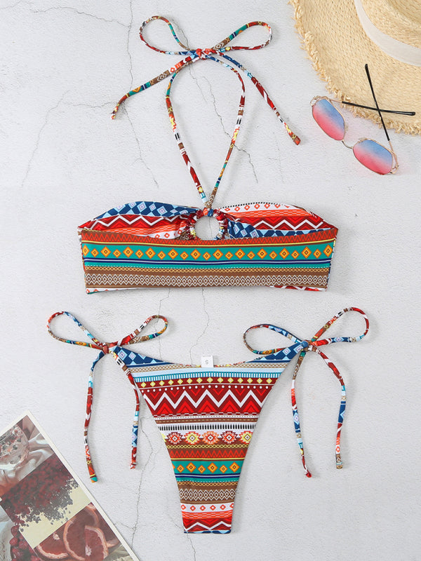 Swimwear- Geo Print 2 Piece Halter Bra & Tie-Side Bikini Swimwear- - IndioGear Fashion and Gear