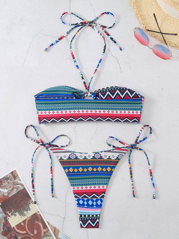 Swimwear- Geo Print 2 Piece Halter Bra & Tie-Side Bikini Swimwear- - IndioGear Fashion and Gear