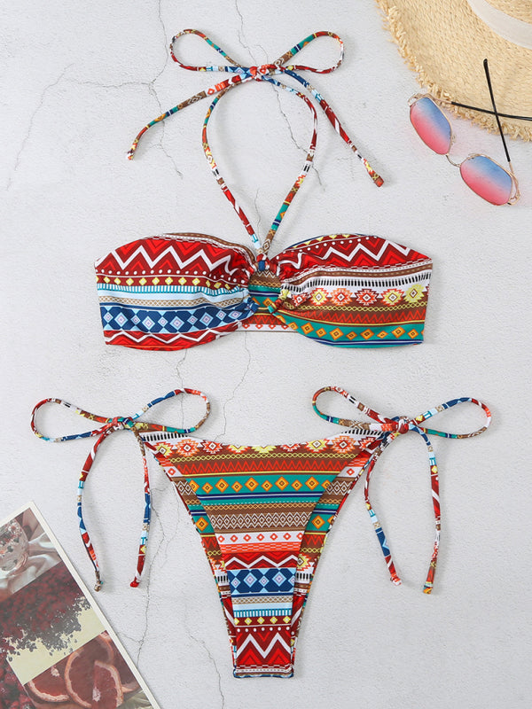 Swimwear- Geo Print 2 Piece Halter Bra & Tie-Side Bikini Swimwear- - IndioGear Fashion and Gear