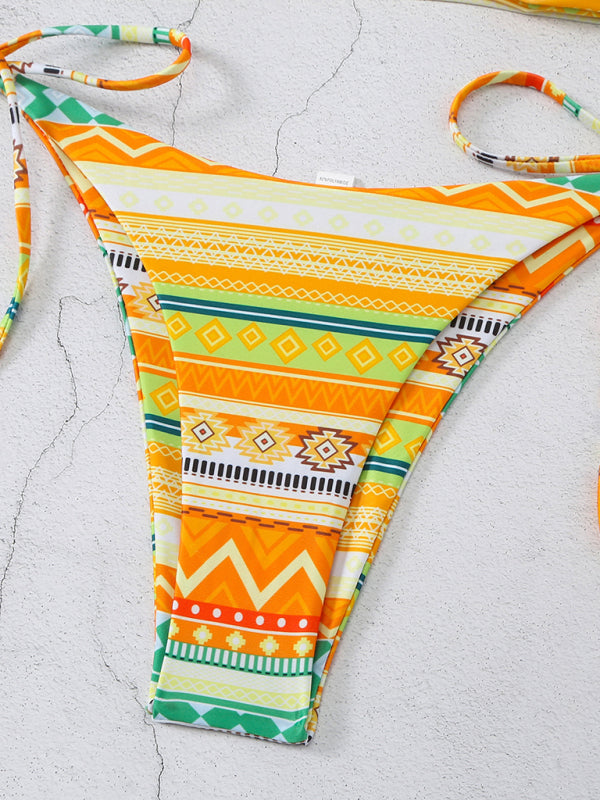 Swimwear- Geo Print 2 Piece Halter Bra & Tie-Side Bikini Swimwear- - IndioGear Fashion and Gear