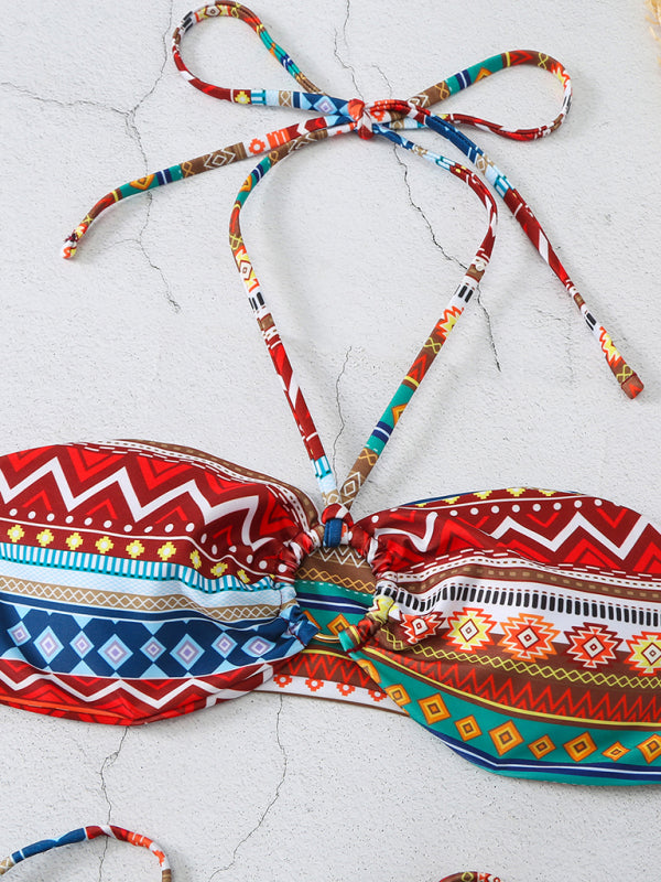 Swimwear- Geo Print 2 Piece Halter Bra & Tie-Side Bikini Swimwear- - IndioGear Fashion and Gear