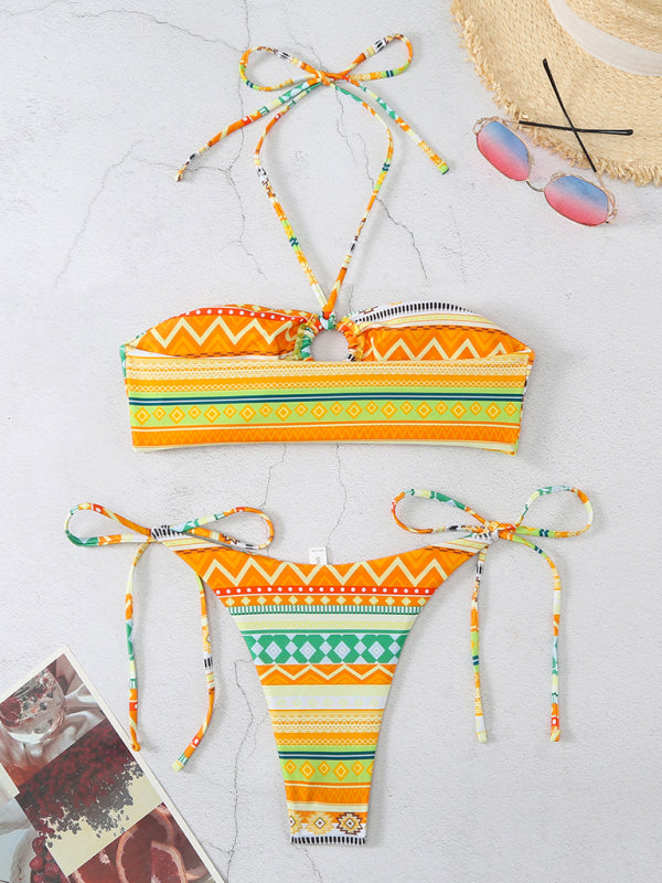 Swimwear- Geo Print 2 Piece Halter Bra & Tie-Side Bikini Swimwear- - IndioGear Fashion and Gear