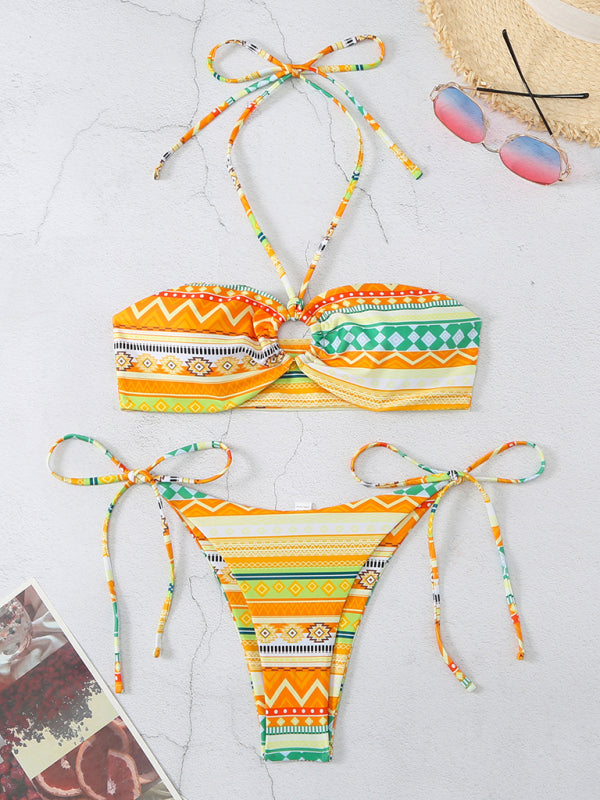 Swimwear- Geo Print 2 Piece Halter Bra & Tie-Side Bikini Swimwear- - IndioGear Fashion and Gear