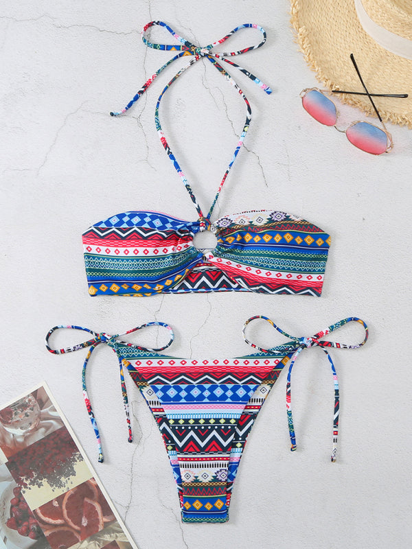 Swimwear- Geo Print 2 Piece Halter Bra & Tie-Side Bikini Swimwear- - IndioGear Fashion and Gear