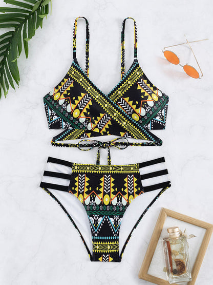 Swimwear-Geo Print Wrap Triangle Bra & Bottoms | 2-Piece Bikini for Beach Adventures-Pekosa Women Clothing