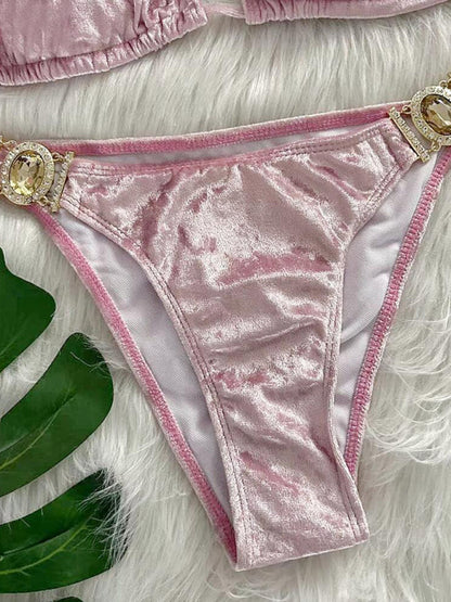 Maillot de bain soutien-gorge triangle et string dos nu sans fil en velours doré