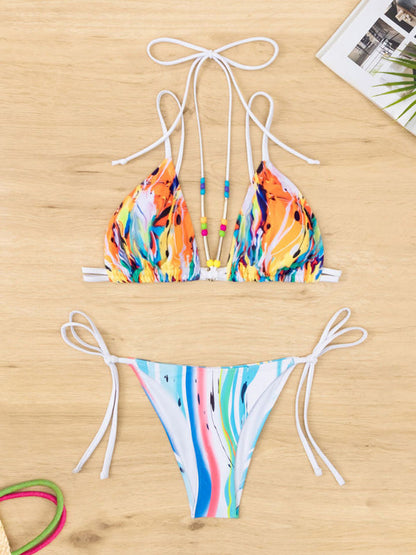 Swimwear- Graffiti Print 2 Piece Beads Swimwear - Wireless Bra & Bikini String- - IndioGear Fashion and Gear