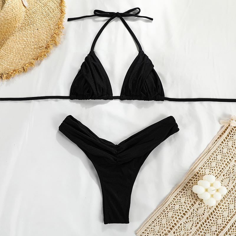 Swimwear- High-Waisted 2-Piece Triangle Bikini Swimwear- Black- IndioGear Fashion and Gear