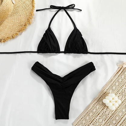 Swimwear- High-Waisted 2-Piece Triangle Bikini Swimwear- Black- IndioGear Fashion and Gear