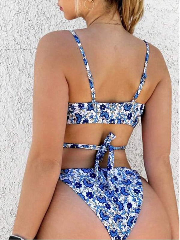 Swimwear- Ocean Blue Print 2 Piece Swimwear with Wireless Criss Cross Triangle Bra & Bikini- - IndioGear Fashion and Gear