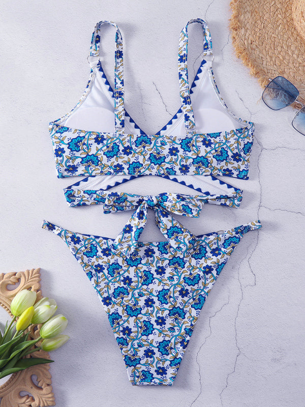 Swimwear- Ocean Blue Print 2 Piece Swimwear with Wireless Criss Cross Triangle Bra & Bikini- - IndioGear Fashion and Gear