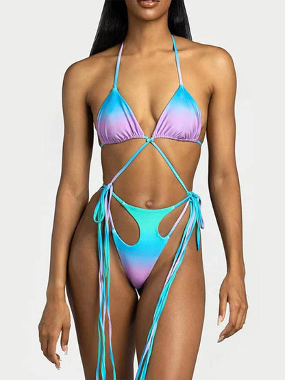 Swimwear- On-Piece Trikini Swimsuit with Wireless Triangle Bra- Blue- IndioGear Fashion and Gear