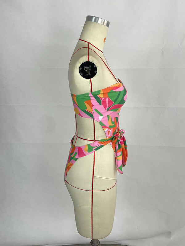 Swimwear- One-Piece Tube Belted Backless Swimwear in Tropical Print- - IndioGear Fashion and Gear