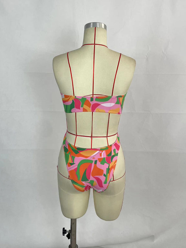 Swimwear- One-Piece Tube Belted Backless Swimwear in Tropical Print- - IndioGear Fashion and Gear