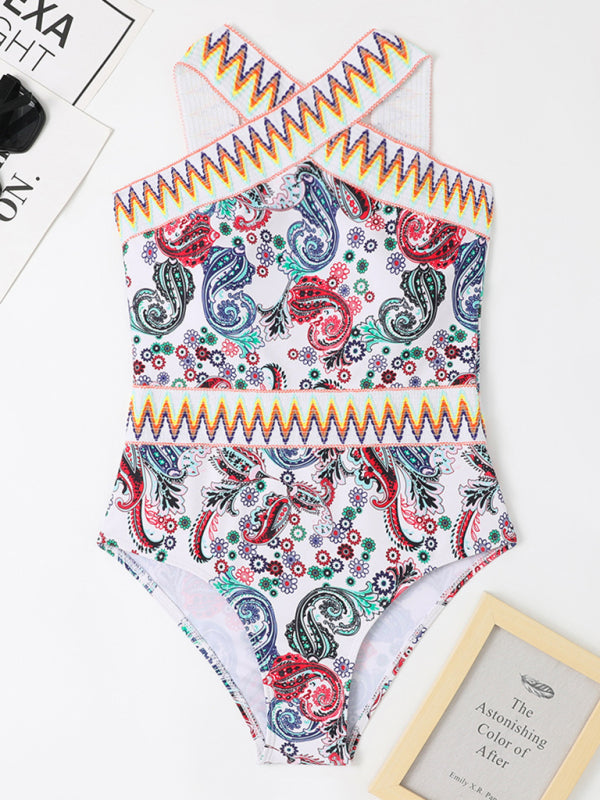 Swimwear- Poolside Perfection: Paisley One-Piece with Wireless Bra and Removable Padding- - IndioGear Fashion and Gear