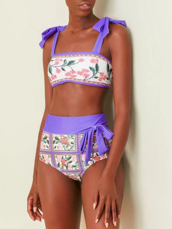 Swimwear- Purple Print 3-Piece Tummy Control Bikini - Tie Top & High Waist Bottoms & Cover-Up- - IndioGear Fashion and Gear