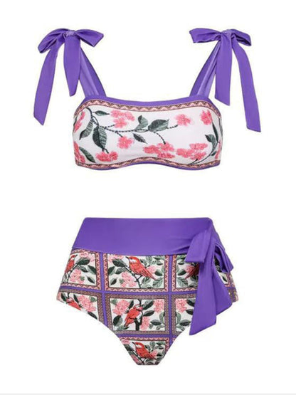 Swimwear- Purple Print 3-Piece Tummy Control Bikini - Tie Top & High Waist Bottoms & Cover-Up- - IndioGear Fashion and Gear