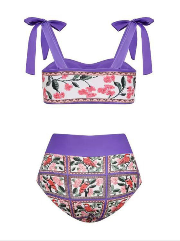 Swimwear- Purple Print 3-Piece Tummy Control Bikini - Tie Top & High Waist Bottoms & Cover-Up- - IndioGear Fashion and Gear