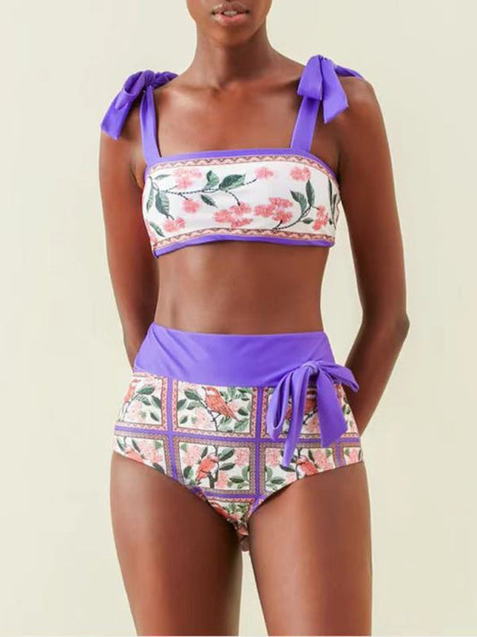 Swimwear- Purple Print 3-Piece Tummy Control Bikini - Tie Top & High Waist Bottoms & Cover-Up- Purple- IndioGear Fashion and Gear