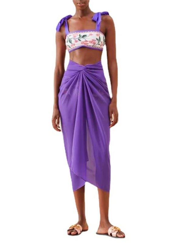 Swimwear- Purple Print 3-Piece Tummy Control Bikini - Tie Top & High Waist Bottoms & Cover-Up- - IndioGear Fashion and Gear