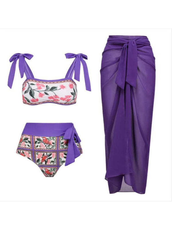 Swimwear- Purple Print 3-Piece Tummy Control Bikini - Tie Top & High Waist Bottoms & Cover-Up- - IndioGear Fashion and Gear