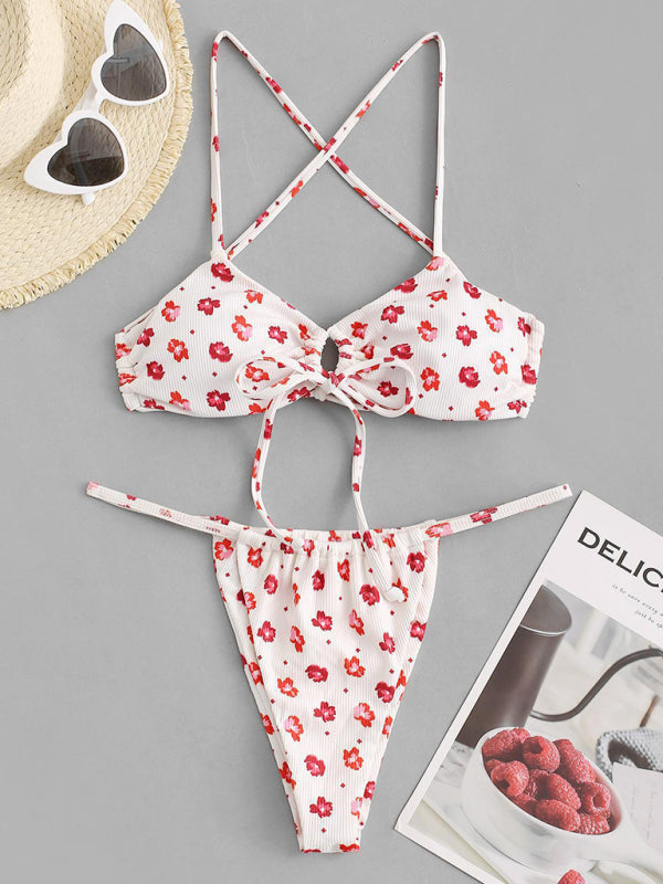 Swimwear- Rib Floral Print Tie-Up 2 Piece Bikini Swimwear Bra & High-Cut Thong- - IndioGear Fashion and Gear