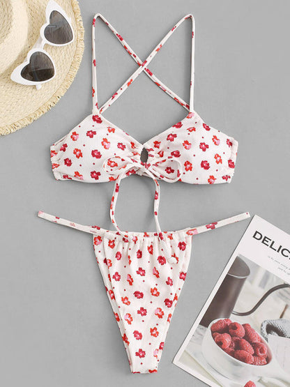 Swimwear- Rib Floral Print Tie-Up 2 Piece Bikini Swimwear Bra & High-Cut Thong- - IndioGear Fashion and Gear