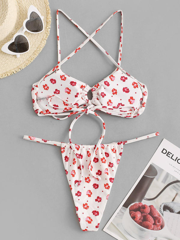 Swimwear- Rib Floral Print Tie-Up 2 Piece Bikini Swimwear Bra & High-Cut Thong- - IndioGear Fashion and Gear