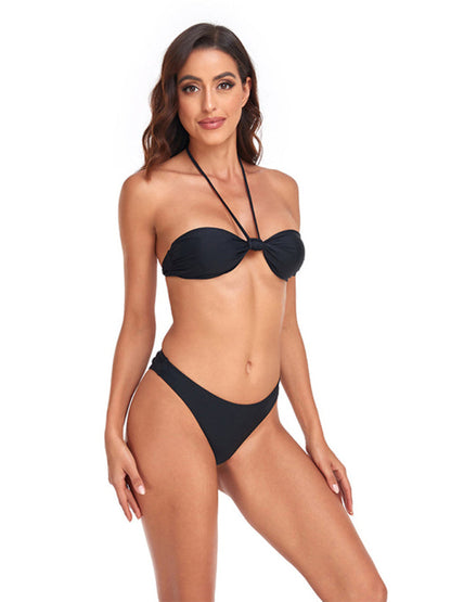 Swimwear- Ruched Thong Solid Bikini Set | 2 Piece Bandeau Halter Swimwear- - IndioGear Fashion and Gear