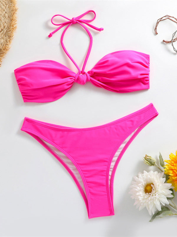 Swimwear- Ruched Thong Solid Bikini Set | 2 Piece Bandeau Halter Swimwear- - IndioGear Fashion and Gear