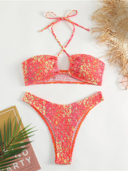 Swimwear- Smocked Floral 2 Piece Swimwear | Wireless Bra and Bikini- Red- IndioGear Fashion and Gear