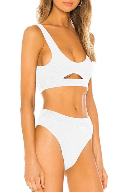 Swimwear- Solid 2-Piece Bikini Set Cutout Bra and High Rise Thong- - IndioGear Fashion and Gear