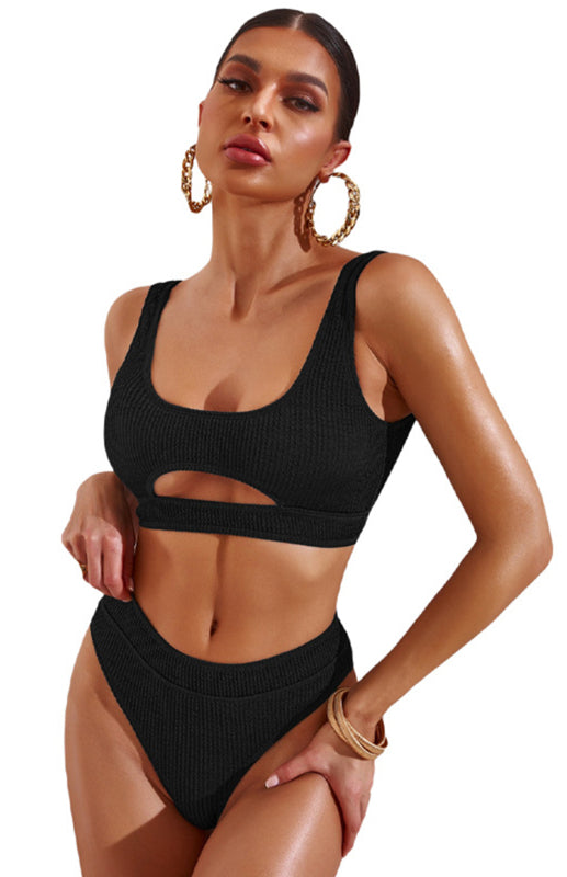 Swimwear- Solid 2-Piece Bikini Set Cutout Bra and High Rise Thong- - IndioGear Fashion and Gear