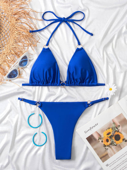 Swimwear- Solid 2 Piece Swimwear - Wireless Triangle Halter Bra & Bikini- - IndioGear Fashion and Gear