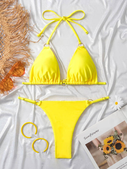 Swimwear- Solid 2 Piece Swimwear - Wireless Triangle Halter Bra & Bikini- - IndioGear Fashion and Gear