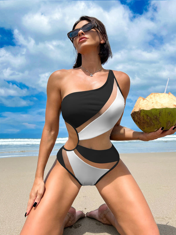 Swimwear- Solid One-Piece Cutout Swimsuit | One Shoulder Swimwear with Mesh Accents- - IndioGear Fashion and Gear