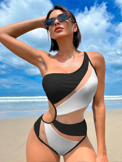 Swimwear- Solid One-Piece Cutout Swimsuit | One Shoulder Swimwear with Mesh Accents- White- IndioGear Fashion and Gear