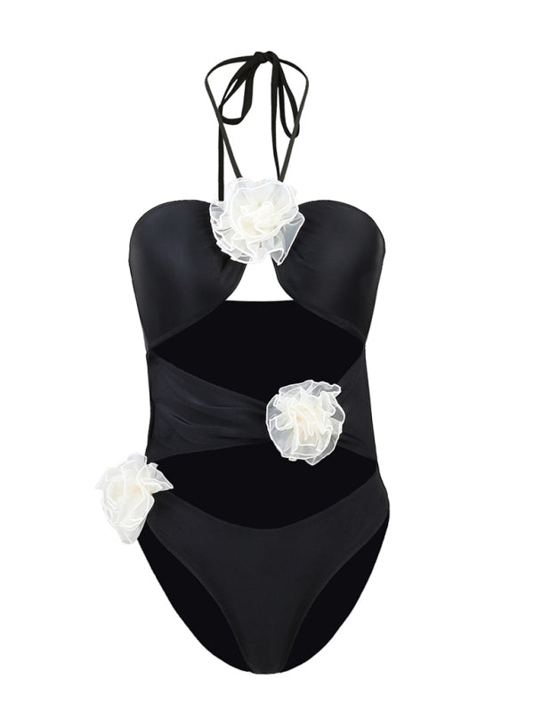 Swimwear- Solid One-Piece Strapless Swimsuit | Wireless Cutout Swimwear with Flower Applique- - IndioGear Fashion and Gear