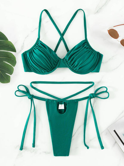 Swimwear- Solid Underwire Bra and Micro Bikini Bottoms - 2 Piece Swimwear- Green- IndioGear Fashion and Gear