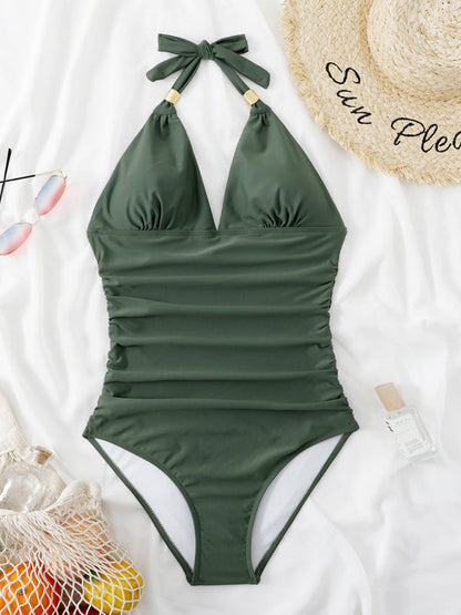 Swimwear- Solid Wireless One-Piece Swimsuit - Monokini- Green- IndioGear Fashion and Gear