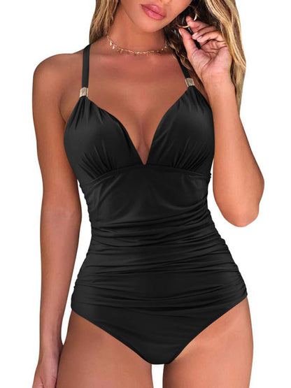 Swimwear- Solid Wireless One-Piece Swimsuit - Monokini- Black- IndioGear Fashion and Gear