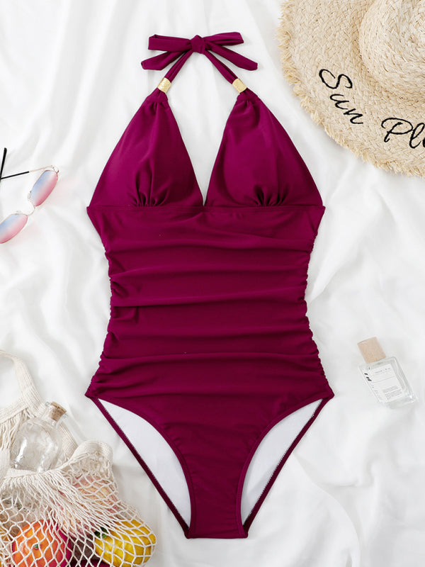 Swimwear- Solid Wireless One-Piece Swimsuit - Monokini- Red Violet- IndioGear Fashion and Gear