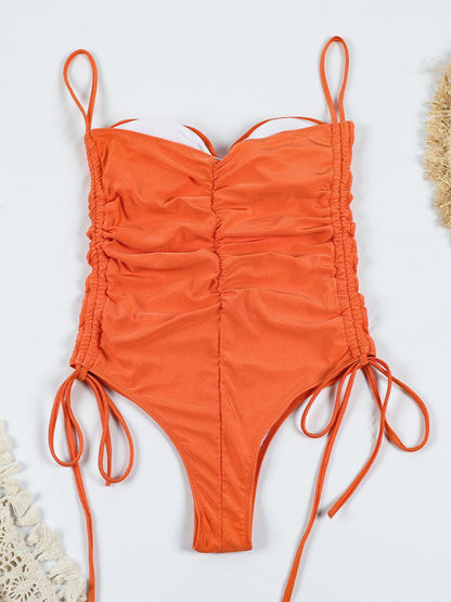 Swimwear- Sporty One-Piece Ruched Swimsuit with Wireless Design and Adjustable Sides- Orange- IndioGear Clothing and Gear