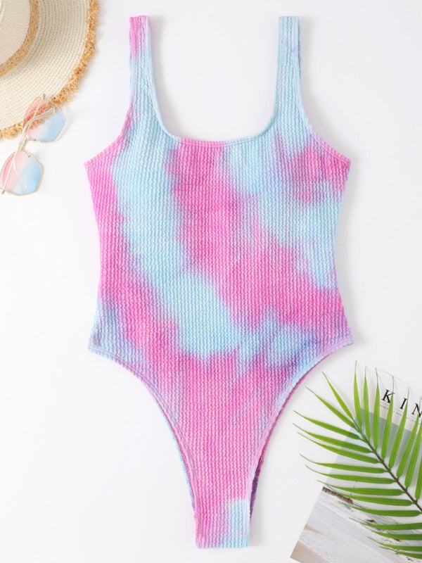 Swimwear- Sporty One-Piece Swimsuit - Tie-Dye Textured Swimwear- Sky blue azure- IndioGear Clothing and Gear