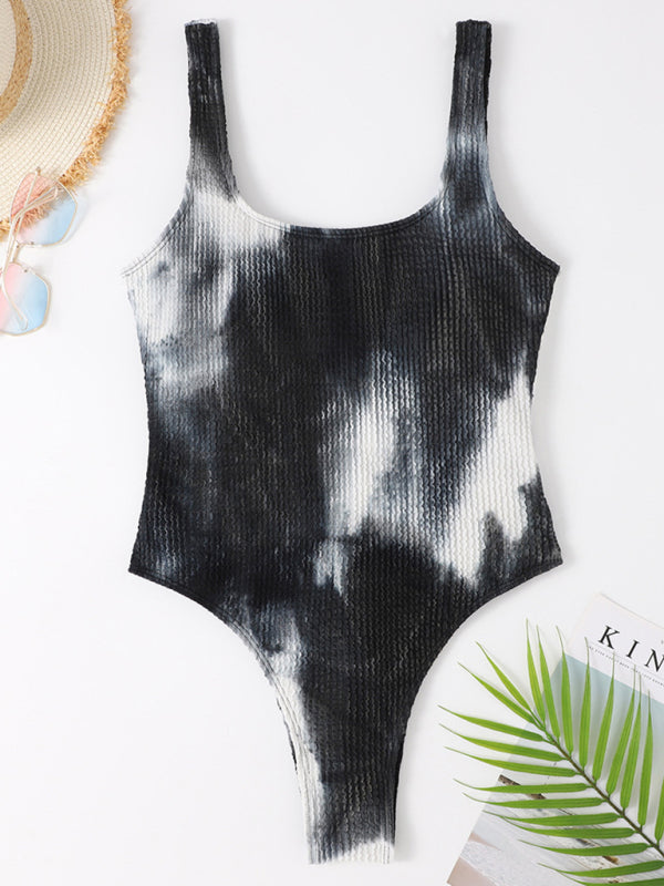 Swimwear- Sporty One-Piece Swimsuit - Tie-Dye Textured Swimwear- - IndioGear Clothing and Gear