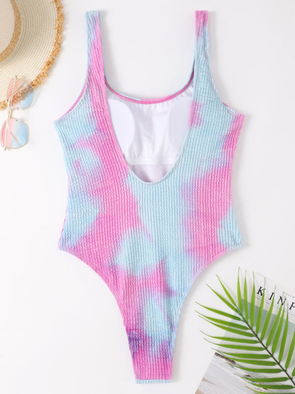 Swimwear- Sporty One-Piece Swimsuit - Tie-Dye Textured Swimwear- - IndioGear Clothing and Gear